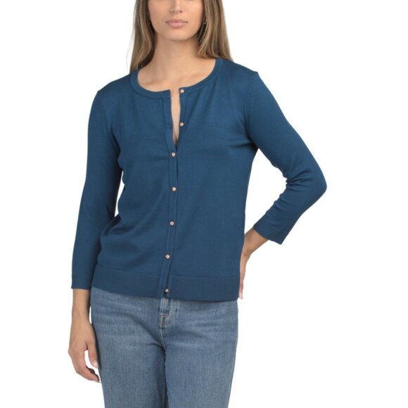 PREMISE Blue Horizon Three-quarter Sleeve Crew Neck Button Front Cardigan - Picture 1 of 2